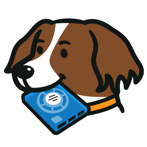 Callie mascot — cartoon brown and white dog with floppy ears holding a blue portable hard drive