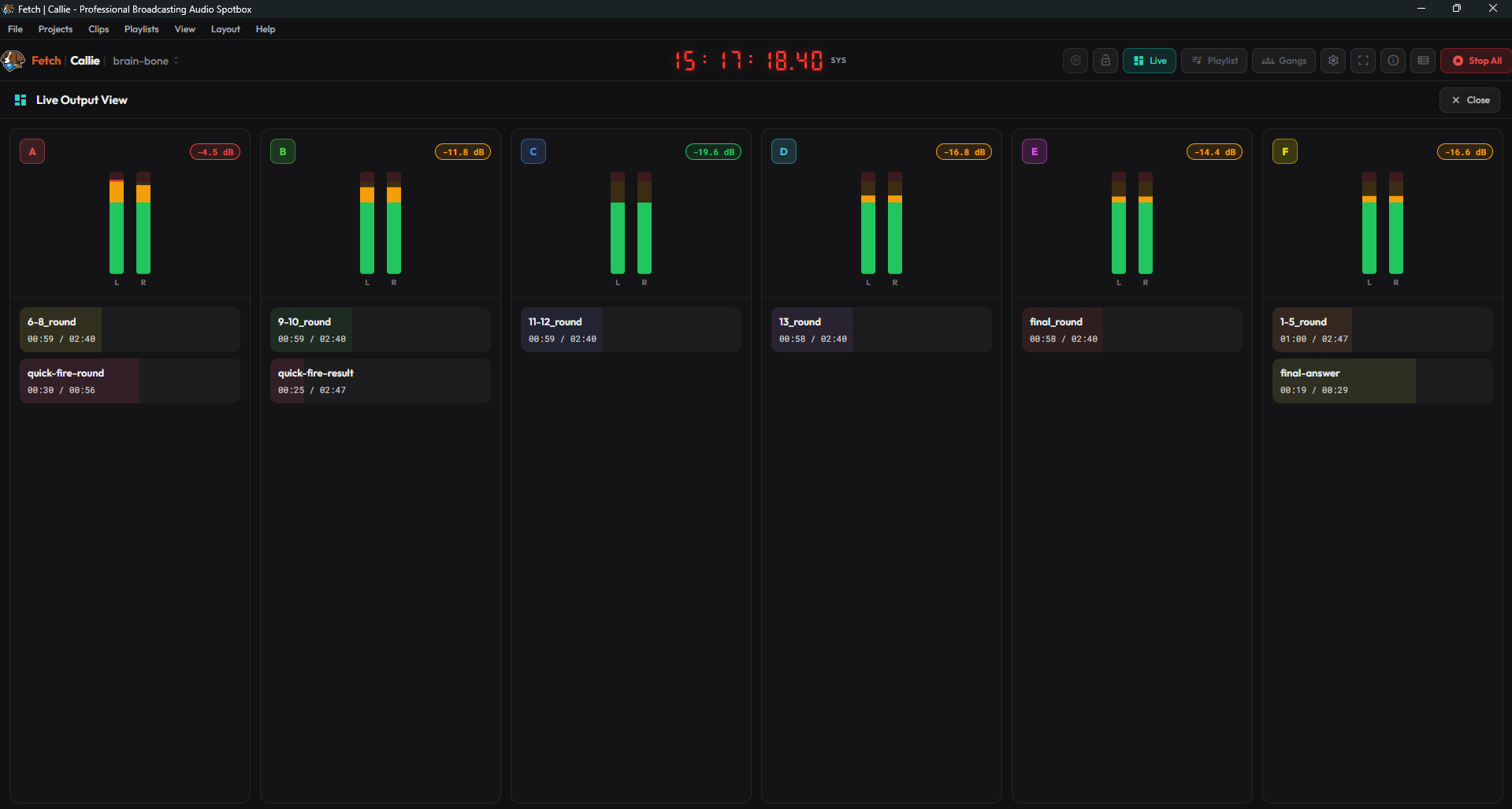 Callie interface showing live playout audio bars