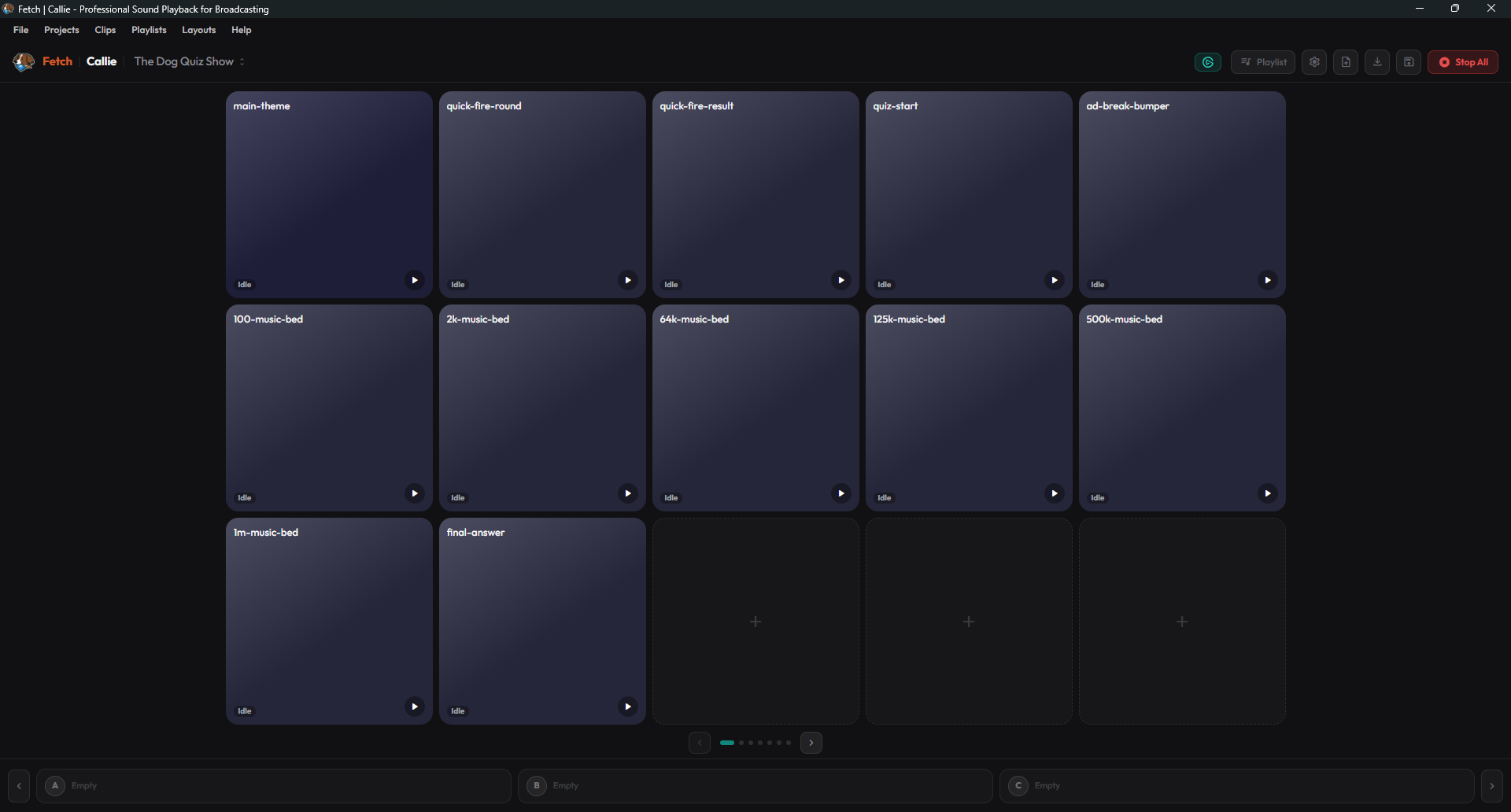 Callie Soundboard Playout showing fulfilled slots and playing back audio.
