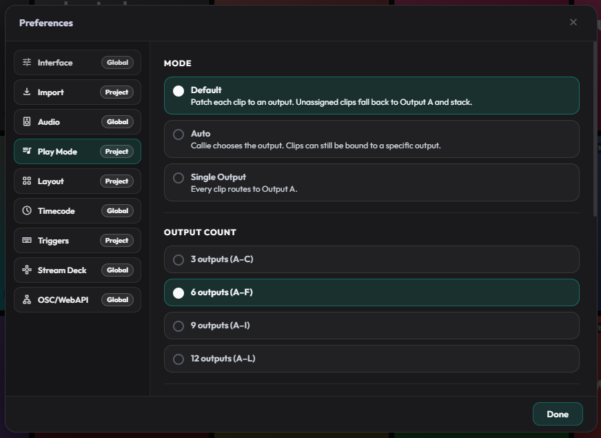 Preferences Play Mode tab showing Default, Auto, and Single Output settings